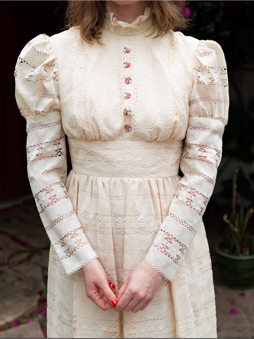 Vintage Ivory Lace Prairie Wedding Maxi Dress Embroidered Roses